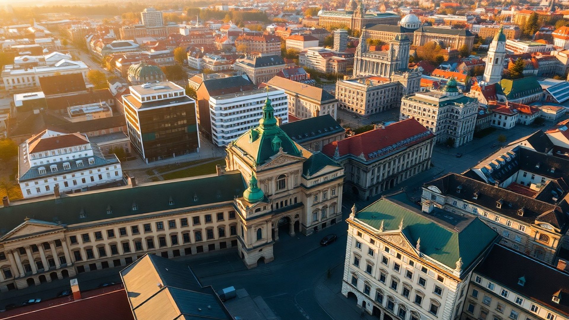 Letecký pohled na centrum Hradce Králové v ranním světle
